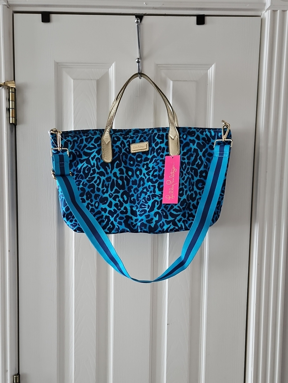 Lilly Pulitzer Blue Leopard Print Tote with Gold Accents